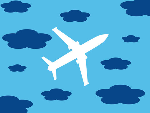 Flying plane in the blue sky. Minimalist geometric illustration.