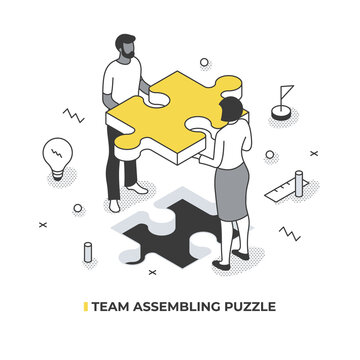 Team Assembling Puzzle Isometric Illustration