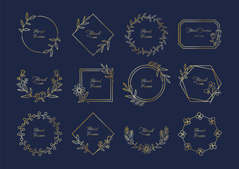 植物の装飾的なフレーム素材のセット　金色の線画02