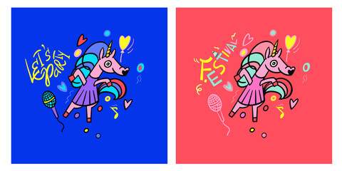 Lets party. Festival. Cute unicorn hand drawn cartoon vector posters. Adorable character with hearts, microphone. T-shirt lettering for printing. - Powered by Adobe