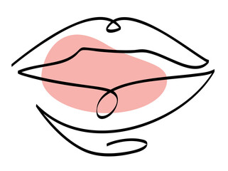The lips are slightly open drawn with a single line with a pink spot symbolizing the color of the lipstick. Lips painted with lipstick