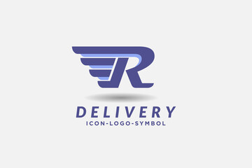 transportation logo design concept, red letter R with wing in white background , car logo, cargo .shipping. drop ship .vector graphic logo design illustration