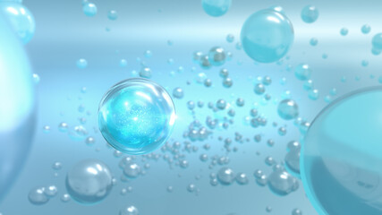 3D rendering Cosmetics Serum bubbles on a bright background. Collagen bubbles Design. Moisturizing Cream and Serum Concept.