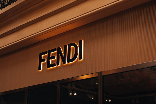 MOSCOW, RUSSIA - SEPTEMBER 23, 2021: FENDI retail shop logo singboard on the storefront in the shopping mall. Fendi is an international italian luxury fashion company