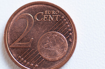 two cent euro coin on white background with copy space