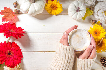 Fototapeta premium Cozy fall background with coffee latte