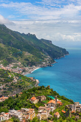 Scenic bird's eye view of the Amalfi Coast in Italy.