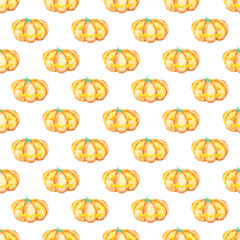 Pumpkin seamless pattern on a white background. Watercolor Halloween pumpkin endless print. Hand-drawn Halloween vegetable backdrop. Funny fall wallpaper. Happy Halloween illustration.