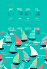 Calendar vector template for year 2022 with sailboats on turquoise background. Isolated calendar dates