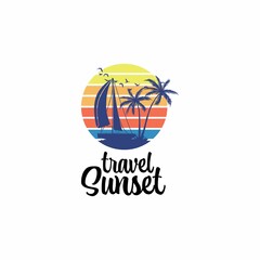 Fototapeta na wymiar Boat at Sunset Vector with Bird and Coconut Tree, Sunset View Circle Design, Silhoute Ship, Coconut Tree, and Bird Sunset Design
