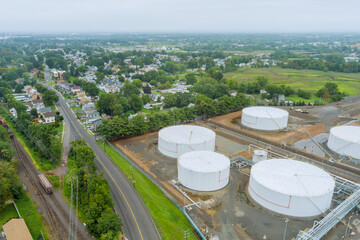 Woodbridge NJ town aerial panoramic view is a small town near oil refinery industrial tank