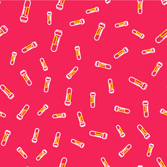Line Test tube or flask with blood icon isolated seamless pattern on red background. Laboratory, chemical, scientific glassware sign. Vector