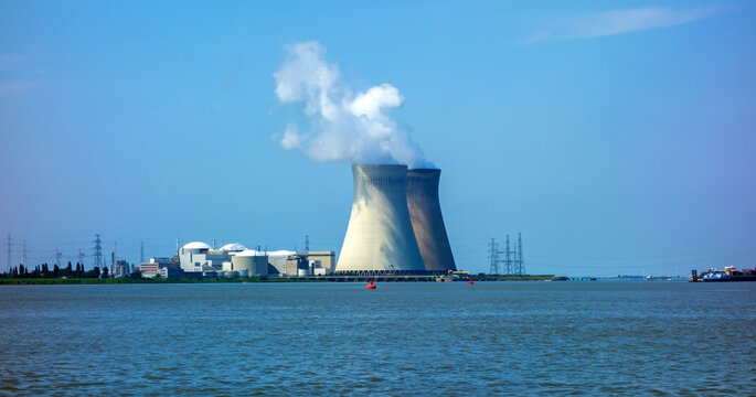Harbour of Antwerp, Belgium with nuclear power plant
