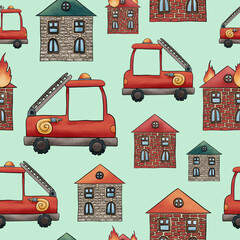 Seamless pattern fire engine with burning brick little houses in english style. Red, grey house with orange and green turqouise roof. Light green background. Litle home burn. Fire truck goes to save