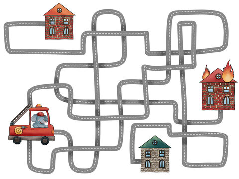 Funny hand drawn crayon maze with fire engine , houses, burning building. Help little cute elefant on the fire truck reach the home which burns. Labyrinth game for kids isolated on white background.