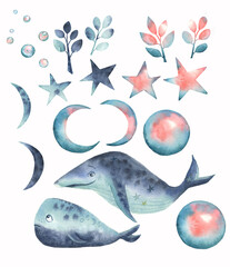 watercolor hand painted set of stars leaves moon whales and bubbles isolated on white background.