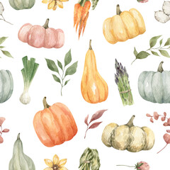 Watercolor seamless pattern with autumn vegetables. Pumpkins, onions, asparagus, carrots. Colorful fall veggies, flowers, leaves