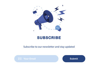 Vector banner illustration of email marketing. Subscription to newsletter, news, offers, promotions. Megaphone. Buttons template. Subscribe, submit. Send by mail. Blue and White