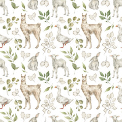 Fototapeta premium Watercolor seamless pattern with cute farm animals and leaves. Llama, goose, sheep, rabbit and plants
