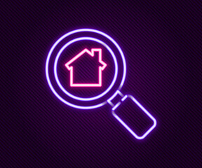 Glowing neon line Search house icon isolated on black background. Real estate symbol of a house under magnifying glass. Colorful outline concept. Vector
