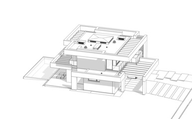 3d rendering of modern cozy house with pool and parking for sale or rent in luxurious style. Black line sketch with soft light shadows on white background