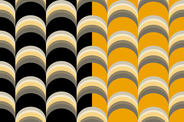 70s geometrical arch ornamental seamless pattern in beige grey colors palette. Black or yellow easy editable color background. Vector