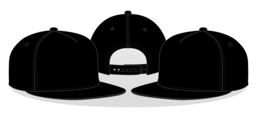 Blank Black 5 Panel Hip Hop Cap With Snap Back Strap Template On White Background.