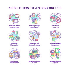 Air pollution prevention concept icons set. Renewable energy idea thin line color illustrations. Clean public transportation. Waste management. Vector isolated outline drawings. Editable stroke