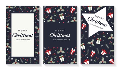 Merry Christmas holiday cards and invitations with elements of New Year s decorations, gifts and snowflakes.