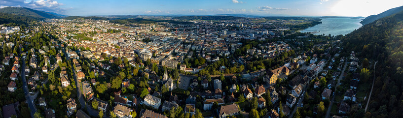 Aerial view around the old town of Biel/Bienne in Switzerland on a sunny day in summer.
