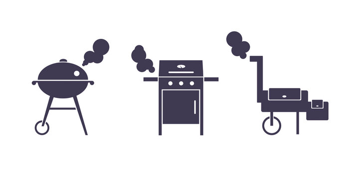 SVG. BBQ, grill, barbecue equipment set. Vector for cutting. Isolated flat vector illustration. Charcoal kettle, gas and wood fired grills. Cooking meal. Frying and smoking meat. Picnic outdoor.      