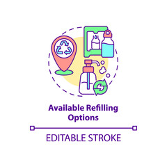 Available refilling options concept icon. City solution abstract idea thin line illustration. Reusable eco-friendly package. Recyclable material. Vector isolated outline color drawing. Editable stroke