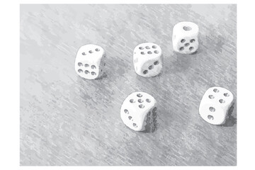 Gray Pencil drawing of dice. A game combination of five dice. Vector illustration.