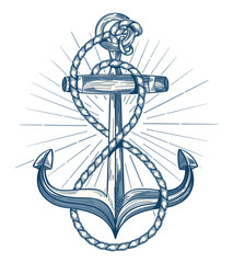 Hand-drawn monochrome decorative anchor and rope nautical emblem