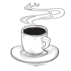 Hand drawn black and white cup of aroma coffee
