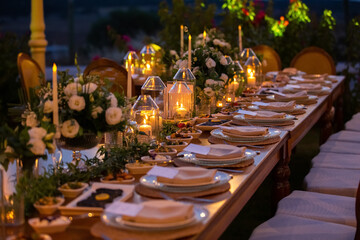 Wedding preparation restaurant and wedding planners.Chairs and honeymooners table decorated with candles, served with cutlery and crockery and covered with a table cloth. wedding area, party area