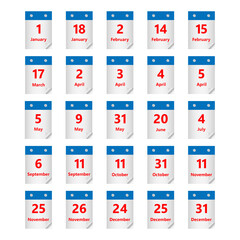 Collection of calendar sheets with US holidays. Flat style, vector design.