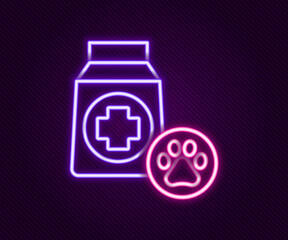 Glowing neon line Bag of food for dog icon isolated on black background. Dog or cat paw print. Food for animals. Pet food package. Colorful outline concept. Vector