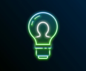 Glowing neon line Human head with lamp bulb icon isolated on black background. Colorful outline concept. Vector
