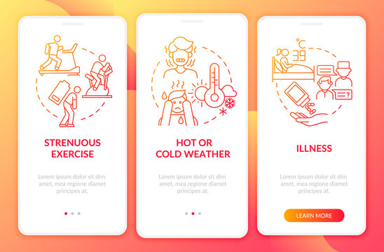 Increased fluid consumption red gradient onboarding mobile app page screen. Walkthrough 3 steps graphic instructions with concepts. UI, UX, GUI vector template with linear color illustrations
