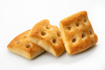 baked Genoese focaccia - three single-portion square loaves- bread of sourdough - isolated on white