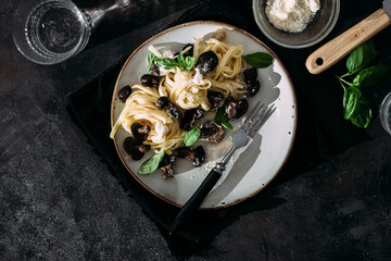 Pasta with wild mushroom sauce. Noodles