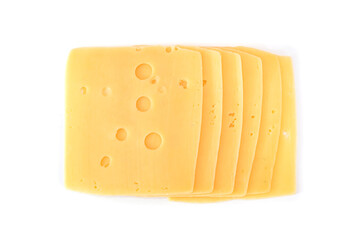 slices of hard cheese with holes on a white