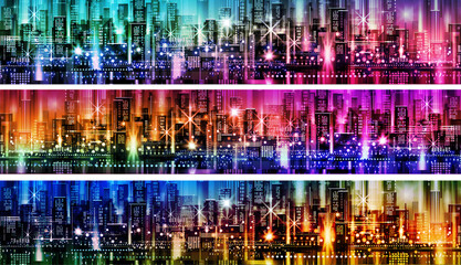 Vector illustration of a panorama of a large night city illuminated by neon lights. Modern buildings and skyscrapers