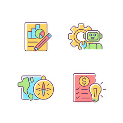 Diversity of school subjects RGB color icons set. Economics report. IT classes. Geography lessons. Financial literacy education. Isolated vector illustrations. Simple filled line drawings collection