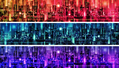 Vector illustration of a panorama of a large night city illuminated by neon lights. Modern buildings and skyscrapers