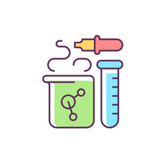 Chemistry RGB color icon. Chemical reaction in beaker. Test tube, pipette, flask. Laboratory equipment. Chemistry classes in school. Isolated vector illustration. Simple filled line drawing