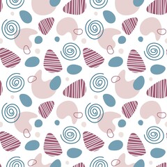 Abstract organic shape seamless pattern. Hand drawn various shapes. Template with spirals and textured spots. Trendy halftone vector shapes background for wallpapers, wrapping papers, textile, prints.