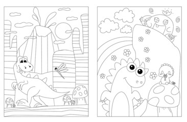 Cartoon dinosaurs. Ancient times. wild animals. Black and white vector illustration for coloring book 