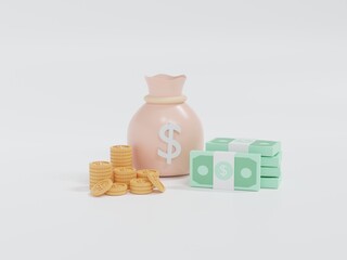 3D Money concept. 3d render illustration money bag, coins stack and banknotes. 